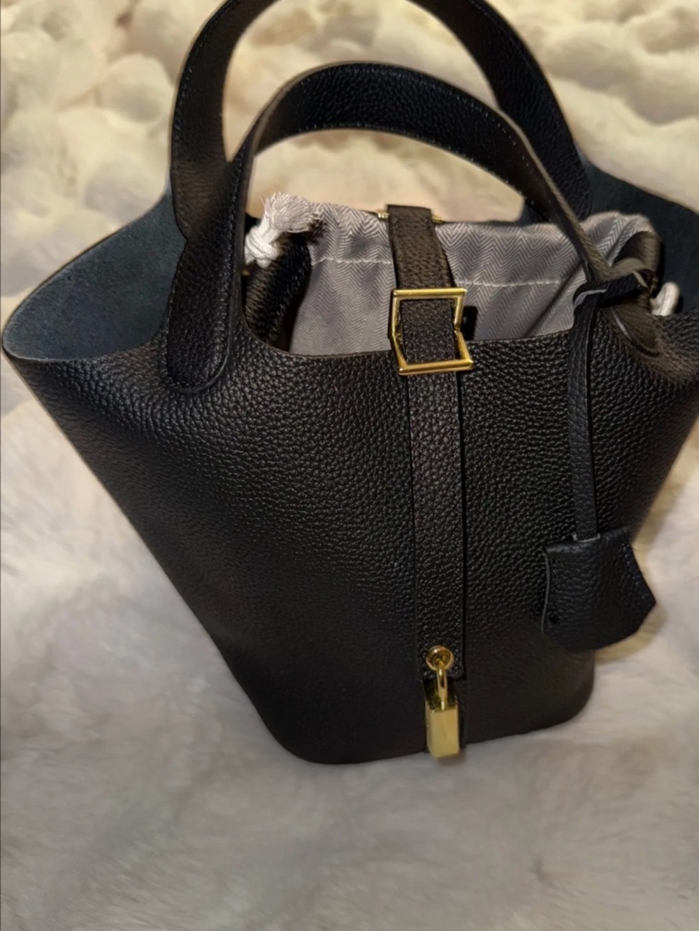 New Black Pebbled Leather Tote Bucket Bag with Gold Hardware